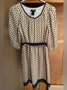 Enfocus Studio Beige Polka Dot Dress with Navy Trim